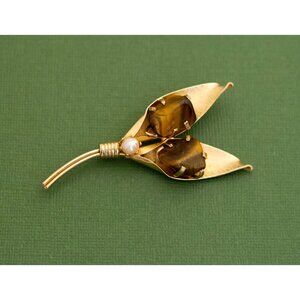 Vintage Art Nouveau Gold Tone Tigers Eye Pearl Leaf Brooch K5